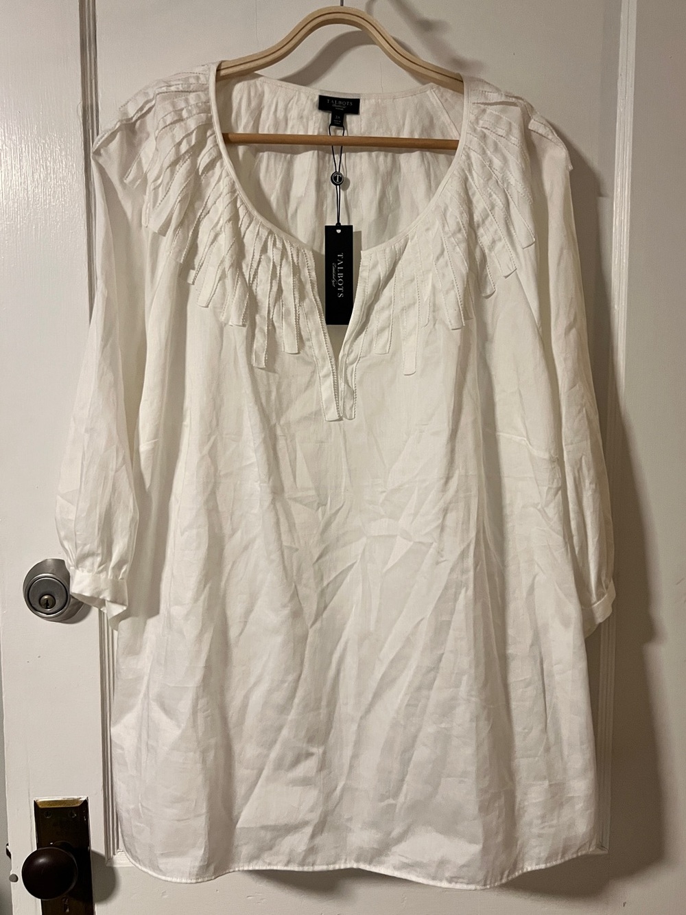 NWT Talbots White Fringe Split-Neck 100% Cotton Blouse 3X